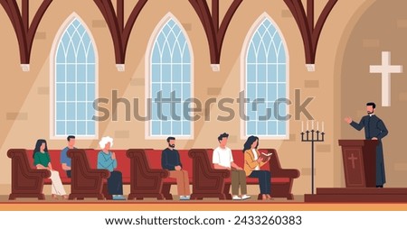 People in church. Catholic priest speaks to congregation, religious men and women on benches, society spirituality, pastor on tribune, cartoon flat style isolated nowaday vector concept