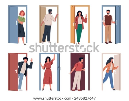 People with doors. Entering and exiting house, visitors use doorways, build residents and employees come back and leave, exit and entrance, nowaday cartoon flat style isolated vector set