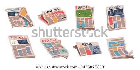 Folded newspapers. Periodical printing products, daily news and sport, food and medicine, business information, latest press, publications, cartoon flat style isolated nowaday vector set