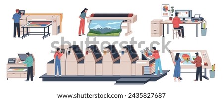 Polygraph equipment. Printing house, workers at machines, printed materials, newspapers and books, automated production. Typography press process cartoon flat isolated nowaday vector set