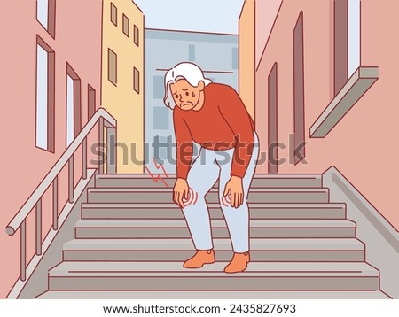 Grandma suffering pain. Elderly woman with bad knee, joint damage on steps, problems with ligaments and bones, leg injury, medical symptom, cartoon flat style isolated vector concept