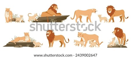 Cartoon lions. Cute lionesses and cubs, wild animals, jungle predators of feline family in different poses, pride in savannah, king of beasts, zoo park, tidy vector set isolated background