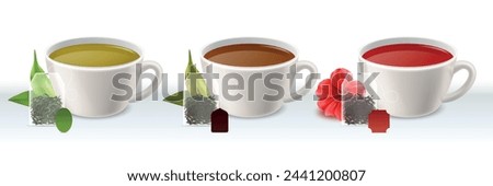 Tea types. Green black and hibiscus hot natural beverages. Fresh leaves and teabags, realistic white cups with liquid different colors. Ceylon and sencha. Porcelain utensil. Vector isolated set