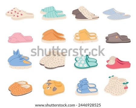 Cartoon house colorful slippers. Female and male indoor shoes, cozy flip flops, warm home footwear, cute animal muzzles decor, funny soft boots, cartoon flat isolated illustration, vector set