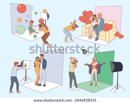 People take pictures in photo studios. Family, romantic and model shooting, professional photographers at work, memory frames, posing man and women, cartoon flat isolated illustration vector set