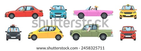 Travelers in private cars. People in cars side and front view, various types transport, pickup truck, convertible and taxi, happy drivers, cartoon flat style isolated tidy vector set