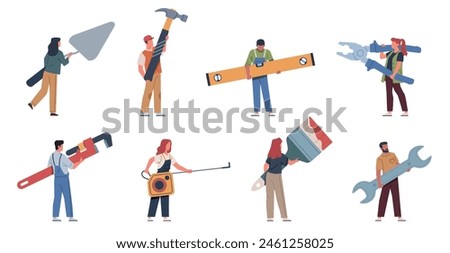 Tiny people with instruments. Craftsmen in work clothes hold various repair and construction tools, professional workers. Carpentry cartoon flat style isolated illustration vector repair set