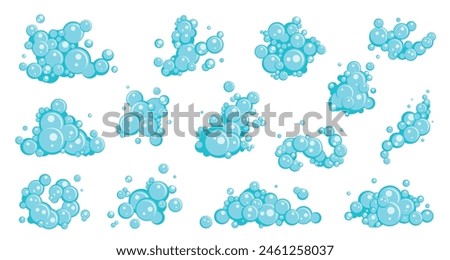 Blue soap bubbles. Cartoon flat bath foam, detergents with water effect, mini compositions, shampoo or shower gel, shaving mousse, antibacterial hygiene product isolated nowaday vector set