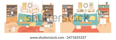 Clean and dirty living room. Messy apartment with old broken furniture and clutter, neat interior with new sofa and shelves, cleaning service, cartoon flat style isolated vector concept