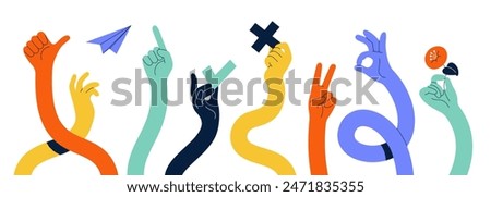 Comic flexible hands. Long color arms, curved limbs holding different elements, various finger gestures, signs and symbols. Thumb finger up and ok. Tidy vector cartoon flat isolated set