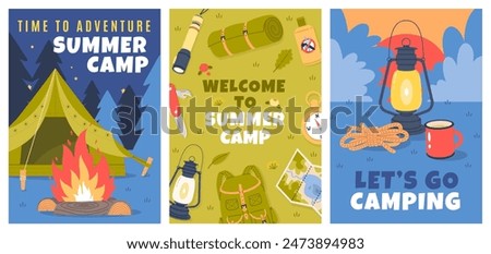 Camping and hiking elements. Traveling advertising, trip to nature, survival in forest, tourism and picnic equipment posters, journey banner, cartoon flat style isolated vector cards set