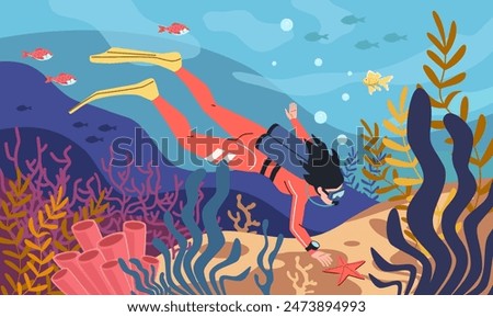 Diving under water. Girl in wetsuit dives, female scuba diver explores seabed, corals, sponges, fish, marine life. Ocean extreme sport cartoon flat isolated illustration, nowaday vector concept