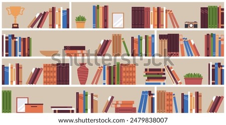 Bookshelves in library closet. Bookcase with books, rows of literature in different bindings, vases and pots, decorations, cozy interior cartoon flat style isolated nowaday vector concept