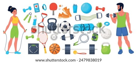 Cartoon sport elements. Guy and girl are athletes with jump rope and dumbbell, gym stuff, exercising and workout equipment, different balls, tennis racket, sneakers and yoga mat, vector set