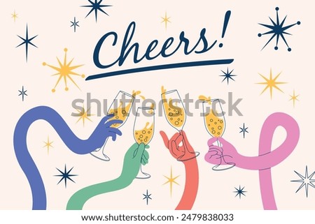 Cheers hands. Long flexible arms clink glasses with champagne, celebrating holiday and success, drink with friends. Wineglass with liquid splashes, stars on background tidy vector concept