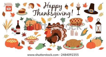 Cartoon thanksgiving day elements. Happy family autumn holiday, traditional food, harvest festival, pumpkins, turkey and pie, pilgrim hat and harvest, tidy vector isolated set