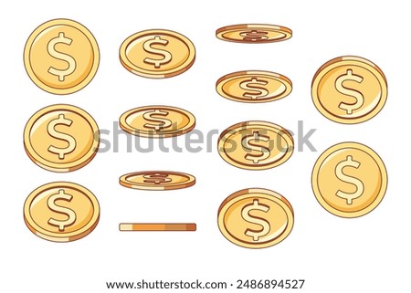 Gold coin animation on horizontal axis. Different positions money icons, golden cent, dollar sign in perspective, various angle view, bingo casino jackpot, vector isolated set