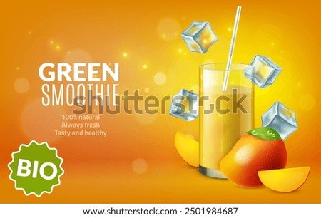 Mango drink. Smoothie advertising banner, fruit juice product presentation. Realistic isolated tropical mango, slices and glass with beverage, flying ice cubes. Healthy cocktail. Vector concept