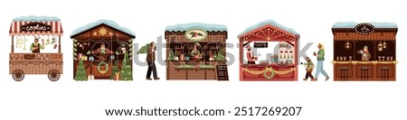 Christmas stalls with people. Buyers and sellers at winter market, gifts, sweets, holiday decorations, festival shops, happy family on traditional bazaar cartoon flat isolated tidy vector set