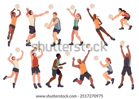 Cartoon volleyball players. Professional sport characters, men and women athletes in uniform, different dynamic poses, ball, team game, championship or tournament tidy vector isolated set