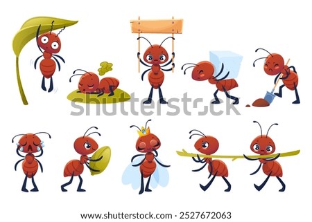 Funny little ants. Cute insects characters, different actions, postures and emotions, kids mascots, tiny creatures get food, wildlife beetle work, cartoon flat isolated illustration, vector set