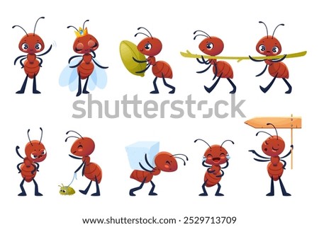 Cartoon ants characters. Cute little insects perform different actions and emotions, funny childish mascots work and relax, wildlife forest creatures, adorable beetle vector flat isolated set