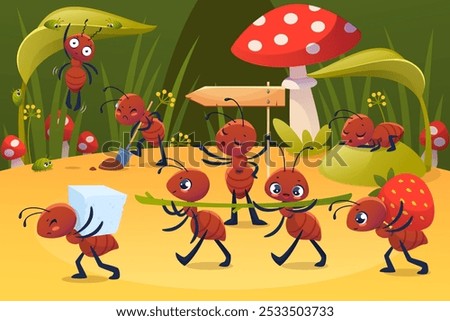 Small insects life. Cute ants working and resting, carry food and grass blades to anthill, funny kids characters, childish beetle mascots, cartoon flat style isolated vector concept