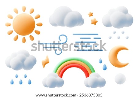 Cartoon 3d weather icons. Cute sun, moon and stars, clouds and rainbow in plasticine kids style. Crescent and wind symbol. Three dimensional clay shapes, forecast sign. Vector isolated set