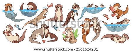 Funny cartoon otters. River, sea mammals, cute water animals, happy pet mascot, different poses, actions, swimming, fishing, couples and mom with kid, tidy vector isolated set