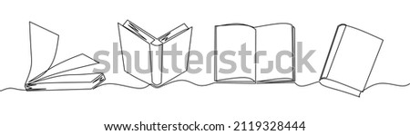 Continuous line drawing of book icon, open book set, object one line single line art, vector illustration