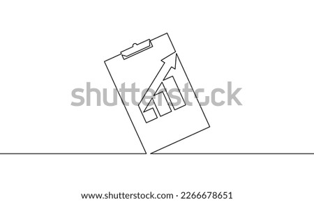 Continuous line drawing of clipboard. Growth graph outline. Arrow up. Business growth. Bar chart. Object one line, single line art, vector illustration