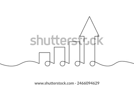 Illustration vector of graph. Continuous one line drawing of arrow up. Single line art of bar chart. Flat icon of increasing arrow. Business growth