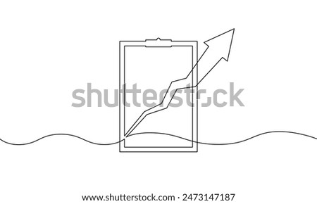 Continuous line drawing of clipbard with arrow up. business growth graph. Illustration vector of  increasing arrow. single line art of  bar chart. object one line of sign symbol