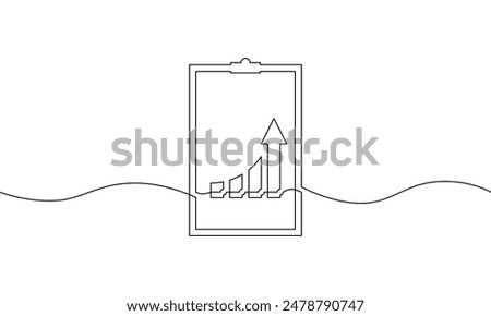 Continuous line drawing of clipboard with graph. Checklist synbol for website logo design, app, UI. Single line art of arrow up. Object one line of bar chart. Business growth. Increasing arrow up