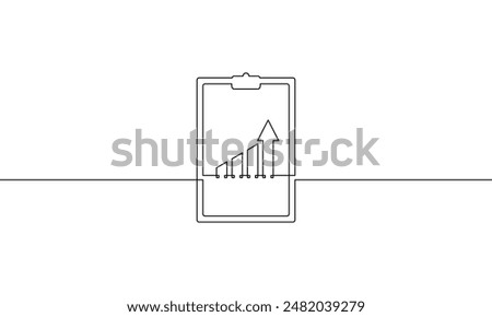 Clipboard with graph. Continuous line drawing of arrow up. Illustration vector of business growth. Single line art of bar chart. Object one line of increasing arrow