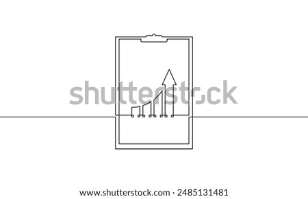 Clipboard with arrow up. Continuous one line drawing of bar chart. Business growth icon. Single line art of graph. Increasing arrow sign symbol