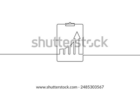 Continuous line drawing of clipboard with arrow up. Hand drawn one line of graph. single line art of business growth. increasing arrow with bar chart