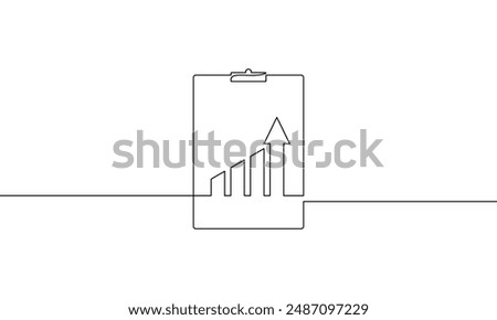 Hand drawn of clipboard with graph. Continuous one line drawing of bar chart with arrow up. Single line art of icreasing arrow. Business growth icon