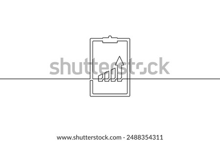 Continuous one line drawing of graph with clipboard. Illustration vector of bar chart. Single line art of business growth. Flat icon of arrow up. Sign symbol of increasing arrow