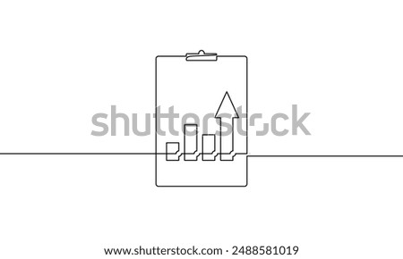 Hand drawn of clipbard. Continuous one line drawing of graph with arrow up icon. Single line art of increasing arrow. Illustration vector of bar chart sign symbol. Business growth