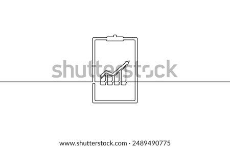 Continuous line drawing of clipboard. Hand drawn of bar chart icon. Illustration vector of arrow up. Single line art of graph with increasing arrow. Object one line of business growth sign symbol