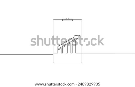 Continuous line drawing of graph. Sign symbol of clipboard. Illustration vector of arrow up. Single line art of bar chart. Object one line of increasing arrow. Business growth