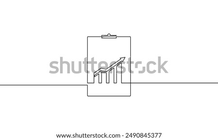 Continuous one line drawing of clipboard with graph. Illustration vector of increasing arrow up. Business growth icon. Single line art of bar chart. 