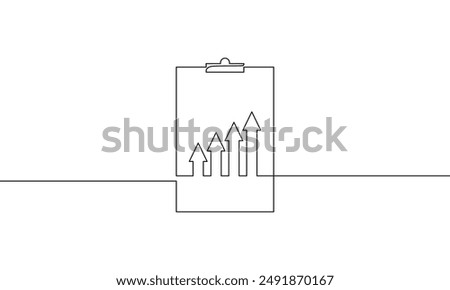 Continuous one line drawing of clipboard with graph. Illustration vector of business growth icon. Single line art of bar chart. Increasing arrow up sign symbol