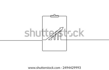 Continuous line drawing of clipboard with graph. Illustration vector of increasing arrow up. Single line art of bar chart. Object one line of business growth icon