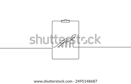 Continuous one line drawing of clipboard with graph. Illustration vector of bar chart. Single line art of increasing arrow up. Flat icon of business growth sign symbol