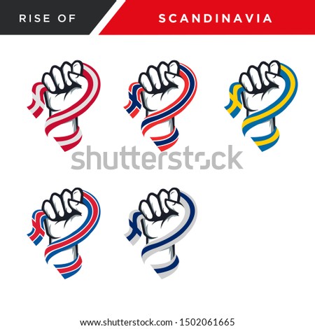 Complete collection of spirit rising fist hand scandinavia flag vector set
