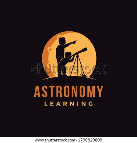 Father and sun using telescope vector illustration, astronomy learning logo icon vector on black background