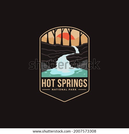 Emblem sticker patch logo illustration of Hot Springs National Park on dark background, riverscape vector badge