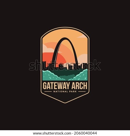 Emblem sticker patch logo illustration of Gateway Arch National Park on dark background, cityscape vector badge